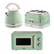 Ariete Vintage Breakfast Set, Retro 4-Slice Toaster with 6 Browning Levels, 2000W Fast-Boil Kettle & 800W Microwave, Green