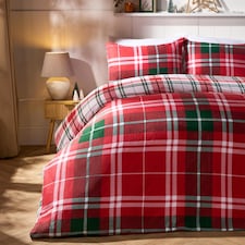 OHS Traditional Christmas Check Brushed Cotton Duvet Cover Set | Red | King