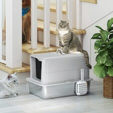 PawHut Stainless Steel Cat Litter Box with Removable Lid, Scoop | Grey | One Size thumbnail 8
