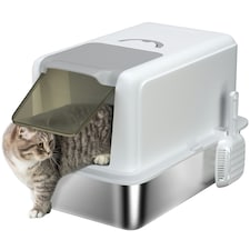 PawHut Stainless Steel Cat Litter Box with Removable Lid, Scoop | Grey | One Size thumbnail 9