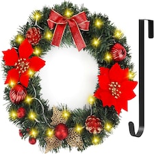 Christmas Wreath, Artificial Door Wreath with 30 LED Lights and Hanger