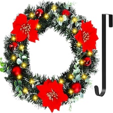 Christmas Wreath, Artificial Door Wreath with LED Lights, Xmas Wreath