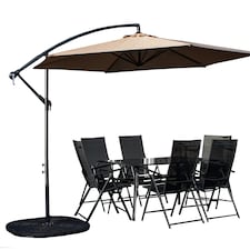 Outdoor 6 Person Rectangular Glass Top Garden Dining Table Chairs With Beige Banana Parasol and Base