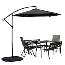 Outdoor 6 Person Rectangular Glass Top Garden Dining Table Benches & Chairs With Black Banana Parasol and Base