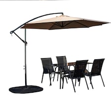 Outdoor 4 Person Rectangular Glass Top Garden Dining Table Chairs With Beige Banana Parasol and Base