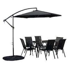 Outdoor 6 Person Rectangular Glass Top Garden Dining Table Chairs With Black Banana Parasol and Base