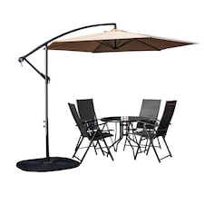 Outdoor 4 Person Round Glass Top Garden Dining Table Chairs With Beige Banana Parasol and Base