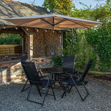 Outdoor 4 Person Round Glass Top Garden Dining Table Chairs With Beige Banana Parasol and Base thumbnail 2