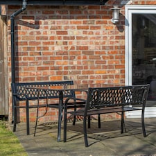 Outdoor 4 Person Rectangular Glass Top Garden Dining Table and 2 Benches Set thumbnail 2