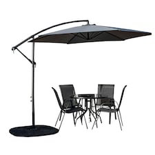 Outdoor 4 Person Round Glass Top Garden Dining Table Chairs With Grey Banana Parasol and Base