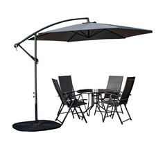 Outdoor 4 Person Round Glass Top Garden Dining Table Chairs With Grey Banana Parasol and Base thumbnail 2
