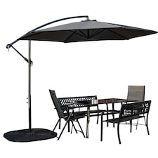 Outdoor 6 Person Rectangular Glass Top Garden Dining Table Benches & Chairs With Grey Banana Parasol and Base