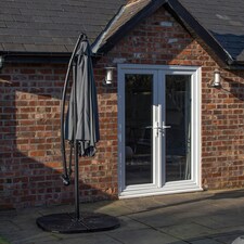 Outdoor 6 Person Rectangular Glass Top Garden Dining Table Benches & Chairs With Grey Banana Parasol and Base thumbnail 3