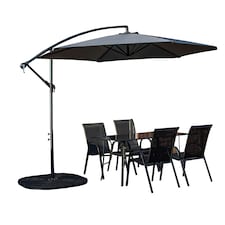 Outdoor 4 Person Rectangular Glass Top Garden Dining Table Chairs With Grey Banana Parasol and Base
