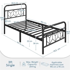 Yaheetech 3ft Single Vintage Metal Bed Frame with Diamond Pattern Headboard Black thumbnail 3