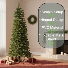 7FT Slim Pine Green Tree Christmas Holiday Festive Xmas Home Decorations with Pencil Point Tips | Green | Green | 7ft thumbnail 9
