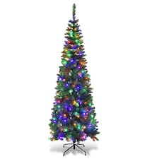 Pre-Lit Artificial Slim Christmas Green Pencil Tree Multicolour LEDs Pointed Tips with Metal Stand | Green | Green
