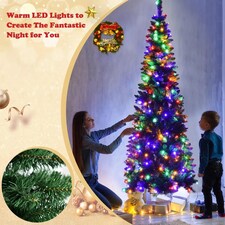 Pre-Lit Artificial Slim Christmas Green Pencil Tree Multicolour LEDs Pointed Tips with Metal Stand | Green | Green thumbnail 3