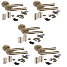 Golden Grace 5 Sets Straight T-Bar Design Door Handles in Antique Brass Finish with Tubular Latch and 1 Pair of 3" Ball Bearing Hinges Gold