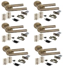 Golden Grace 6 Sets Straight T-Bar Design Door Handles in Antique Brass Finish with Tubular Latch and 1 Pair of 3" Ball Bearing Hinges Gold