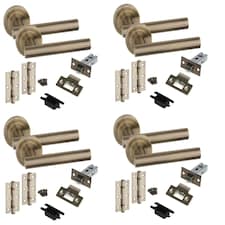 Golden Grace 4 Sets Straight T-Bar Design Door Handles in Antique Brass Finish with Tubular Latch and 1 Pair of 3" Ball Bearing Hinges Gold