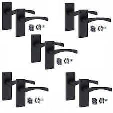 Golden Grace 5 Sets Victorian Scroll Astrid Door Handles Latch in Matt Black with 1 Pair of 3" Ball Bearing Hinges & Latches Pack - 120mm x 40mm Backplate Black