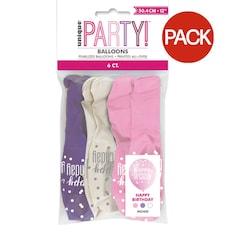 Unique Party Happy Birthday Glitz Latex Balloons (5 x Pack of 6) - Pink/Purple/White - One Size