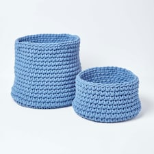 Homescapes Blue Cotton Knitted Round Storage Basket - 37 x 21cm Blue | M thumbnail 5