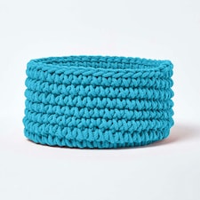 Homescapes Teal Blue Cotton Knitted Round Storage Basket - 37 x 21cm Blue | M