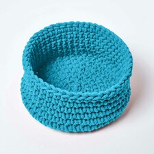 Homescapes Teal Blue Cotton Knitted Round Storage Basket - 37 x 21cm Blue | M thumbnail 2