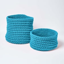 Homescapes Teal Blue Cotton Knitted Round Storage Basket - 37 x 21cm Blue | M thumbnail 5