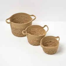 Homescapes Set of 3 Woven Storage Baskets, Natural Grass and Rope Cream