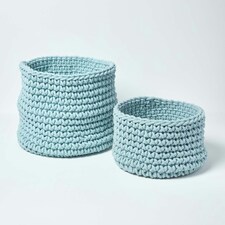 Homescapes Pastel Blue Cotton Knitted Round Storage Basket - 42 x 37 cm Blue | L thumbnail 5