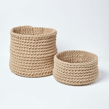 Homescapes Linen Cotton Knitted Round Storage Basket - 37 x 21 cm Cream | M thumbnail 5