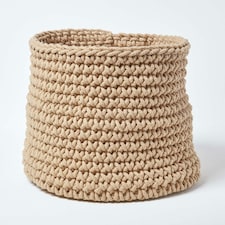 Homescapes Linen Cotton Knitted Round Storage Basket - 42 x 37 cm Cream | L