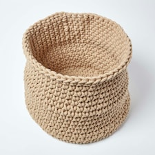 Homescapes Linen Cotton Knitted Round Storage Basket - 42 x 37 cm Cream | L thumbnail 2