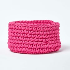 Homescapes Hot Pink Cotton Knitted Round Storage Basket - 37 x 21 cm Pink | M