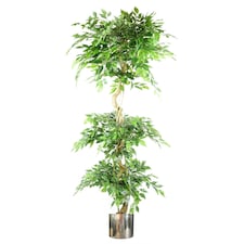 180cm Artificial Twisted Trunk Fruticosa Ficus Tree Triple Ball Topiary 1984 Leaves Silver Metal Planter
