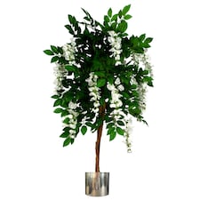 130cm Luxury Artificial Wisteria Tree White Flowers - Premium Range Silver Metal Planter