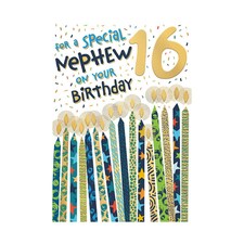 Words 'n' Wishes 16th Birthday Card for Nephew, Patterned & Foiled Letters With Candles, Multicoloured, 23.5 x 16.5 cms