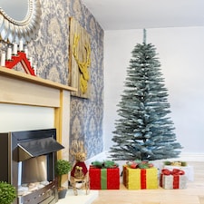 Artificial Flocked Slim Christmas Frosty Green Pencil Tree Home Decorations with Pointed Tips and Metal Stand | Green | Green | 7ft thumbnail 2