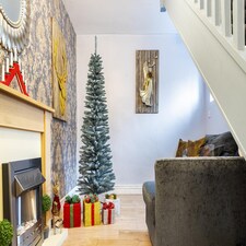 Artificial Flocked Slim Christmas Frosty Green Pencil Tree Home Decorations with Pointed Tips and Metal Stand | Green | Green | 7ft thumbnail 3