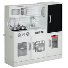 AIYAPLAY Play Kitchen, Pretend Toy Kitchen with Toy Phone, Chalkboard, White