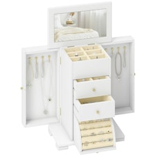 HOMCOM 4-Tier Large Jewellery Box with Mirror and 2 Drawers, White
