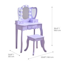 Teamson Kids Heart-Shaped Play Vanity Table with LED Lights, Triple Mirror, Stool & Storage Drawers, Violet | Purple thumbnail 4