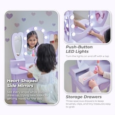 Teamson Kids Heart-Shaped Play Vanity Table with LED Lights, Triple Mirror, Stool & Storage Drawers, Violet | Purple thumbnail 5