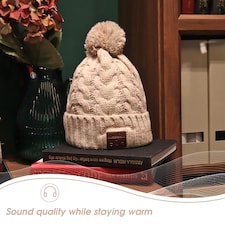 Pom Pom Beanie Hat with Rechargeable Bluetooth Wireless Headphones Integrated – Audio, Volume, Call Buttons - Built-In Mic for Hands Free Calls - August EPA30G | Cream | 1 thumbnail 4